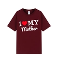 T-shirt classique en coton bordeaux avec imprimé coeur I Love My Mother en vue à plat - XS / Haut (Imprimé I Love My Mother) / Bordeaux