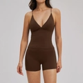 Damen Yoga-Set in Dunkelbraun mit V-Ausschnitt Camisole-Top und High-Waist-Shorts - S / Karamellbraun