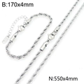 Ensemble collier et bracelet en acier inoxydable argenté torsadé de 4mm de large poli - Largeur 4mm (Collier 50cm+Bracelet 16cm) / Argent