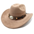 Detail of tan suede cowboy hat featuring a leather band with silver bull head emblem - M (56-58cm) / Khaki