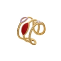 Adjustable gold plated open ring with red enamel charm, purple oval and pearl cluster - Gold Multi Layer Pearl Marquise (J512-1)