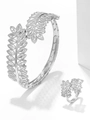 Elegant silver leaf-shaped open cuff bracelet and matching ring jewelry set - Silver Leaf Style (Bracelet+Ring 8)