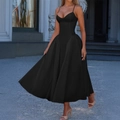 Elegant black spaghetti strap maxi dress with slim fit bodice and flared A-line skirt - S / Black