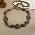 Detail of bohemian waist chain featuring wood beads and turquoise metal discs - 11# Vintage Metal Disc Style (Coffee)