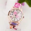 Fashion Geneva quartz watch featuring pink floral print silicone band and rose gold case - 1# Pink Rose