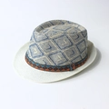 Classic summer straw fedora with beige and light blue geometric patterns and ethnic band - M (56-58cm) / Ethnic Plaid Navy