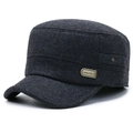 Dark grey men's flat top military cap in thick wool fabric with metal badge detail - Adjustable / Gray