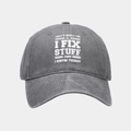 Detail of grey cotton baseball cap with white printed slogan and wrench graphic - Adjustable / Gray