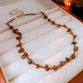 Collana di perle occhio di tigre con perline di bronzo vintage e catena oro regolabile - Collana in Pietra Occhio di Tigre Marrone(项链-咖色)