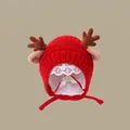 Red knit baby winter hat with cute reindeer antlers and earflaps for toddler warmth - Dragon Horn Children's Hat Red (2 Months - 2 Years Old)