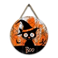 Detail of wooden Halloween sign featuring a black cat, spider webs, and BOO text - Style C-BOO and Black Cat Wizard Hat