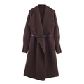 Fashionable dark brown belted knit wool coat with retro lapels for women's autumn style - S / Coffee
