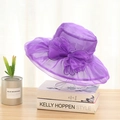 Elegant purple organza sun hat with a large mesh bow for women's vintage summer style - One Size / Purple