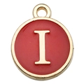 Golden round pendant with red enamel and capital letter I for DIY jewelry making - Double-Sided Letter I / 1 Piece (12x14mm) / Red