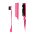 3-piece pink hair styling tool set with edge brush, rat tail comb and teasing brush - Fine-tooth Rose Red
