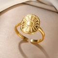 Adjustable open ring in bright gold finish with geometric oval sunburst pattern - Gold Sunburst