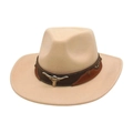 Detail of wool western cowboy hat with brown leather band and silver bull head studs - One Size / Beige (Bull Head Patchwork)