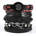 Detail view of multi-layer leather bracelets with dollar sign and infinity metal charms - T7 Style (Dollar Sign/Infinity)