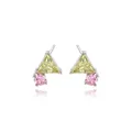 Geometric stud earrings with yellow triangle stone and pink round crystal in silver setting - Light Yellow and Pink Geometric (E2133)