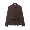 Camicia marrone caffè in crepe a maniche lunghe con dettaglio nodo e bottoni frontali - XS / Tops