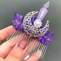 Handmade silver hair comb featuring raw purple crystals and a pearl moon ornament - Hair Comb / Light Purple