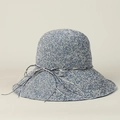 Elegant blue and white handmade crochet sun hat with wide brim and decorative string bow - Navy Blue