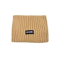 Detailed view of camel ribbed knit headband featuring a stitched black letter label - Khaki