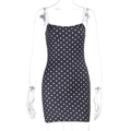 Black polka dot bodycon mini dress with thin spaghetti straps on invisible mannequin - S / Black