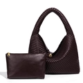 Sac à bandoulière en cuir tressé marron foncé et pochette lisse assortie dorée - Violet Raisin