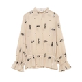 Sheer beige long sleeve shirt with black sequin flowers and ruffled fluted cuffs - XS / Beige
