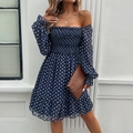 Elegant navy blue polka dot off-shoulder dress with long sleeves and ruffled hem design - S / Navy Blue