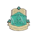 Épingle émaillée Dungeon Master avec un dé d20 sarcelle sur un grimoire ouvert - Dés Vert-Dungeon Master