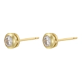 Detail view of 18K gold plated stud earrings featuring round bezel-set colorful zircons - 1 Pair / Gold White Zirconia
