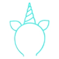 Macro detail of a cyan unicorn headband with spiral horn and ears on white background - Luminous Unicorn / Blue
