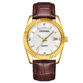 Luxury men's gold-tone quartz watch with brown leather strap and date window display - Brown Strap Gold Case White Dial Men's