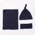 Three-piece newborn set with dark blue swaddle blanket, knot hat, and bow headband - Navy Blue