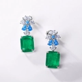 Luxurious S925 silver drop earrings with emerald green and blue gemstones in a vintage style - 925 Silver / Synthetic Emerald