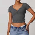 Slim fit charcoal grey V-neck crop top with silver buttons for fitness and yoga - XS / Dark Gray