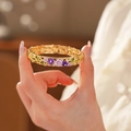 Vintage gold-plated hollow bracelet with purple enamel flowers and green leaves - 18# Bracelet-Gold-Purple Enamel Natural Style