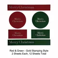 Set di adesivi natalizi rossi e verdi con lamina d'oro per decorazioni di pacchetti regalo - 12 fogli / Rosso e Verde (Stampa in Oro)