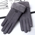 Gray winter gloves for women with faux suede texture, plush cuffs and touchscreen support - One Size / Grey (Center Line)