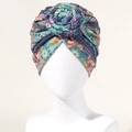 Ethnic paisley print turban with blue and orange bohemian twist knot detail - Green