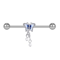 Silbernes Industrial Barbell Piercing mit blauem Schmetterling und feinen Ketten - Silber Blauer Schmetterling