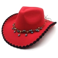 Red western felt hat with black knit trim and turquoise beaded ethnic stone decoration - M (56-58cm) / Red