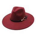 Detail of burgundy wool fedora hat with black leather band and gold metal buckle - M (56-58cm) / Burgundy