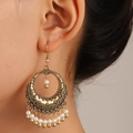 Bohemian hollow engraved gold earrings with white beads and long fringe tassels - Antique Gold 7879