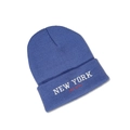 Detailed close-up of navy blue NEW YORK embroidery on a stylish knitted beanie hat - M (56-58cm) / Denim Blue