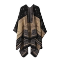 Ethnic knit shawl poncho with black and beige reindeer and snowflake patterns - Christmas Double-Sided - Black Gray