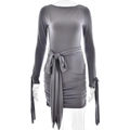 Detail of grey slim fit dress with waist bow tie and pleated sleeve accents - S / Gray