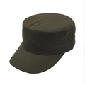 Detailed view of army green flat top military cap with reinforced stitching on cotton canvas - Green